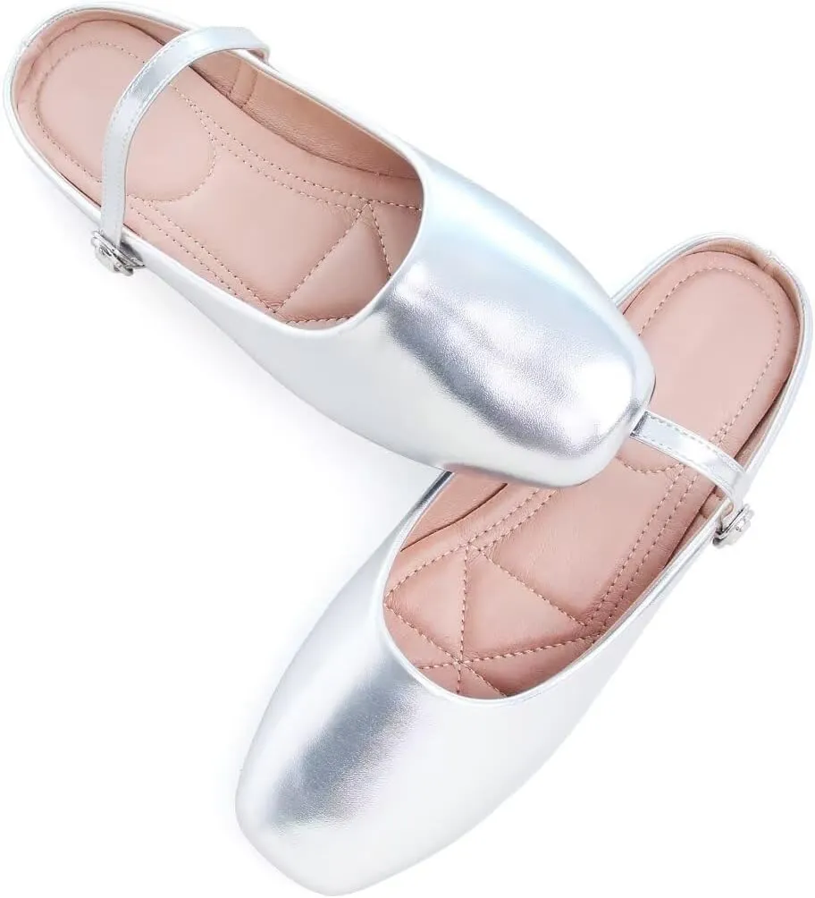 TN TANGNEST Women's Mary Jane Shoes Mules for Women Flats Retro One Line Strap Flats Cute Square Toe Backless Flat Mules
