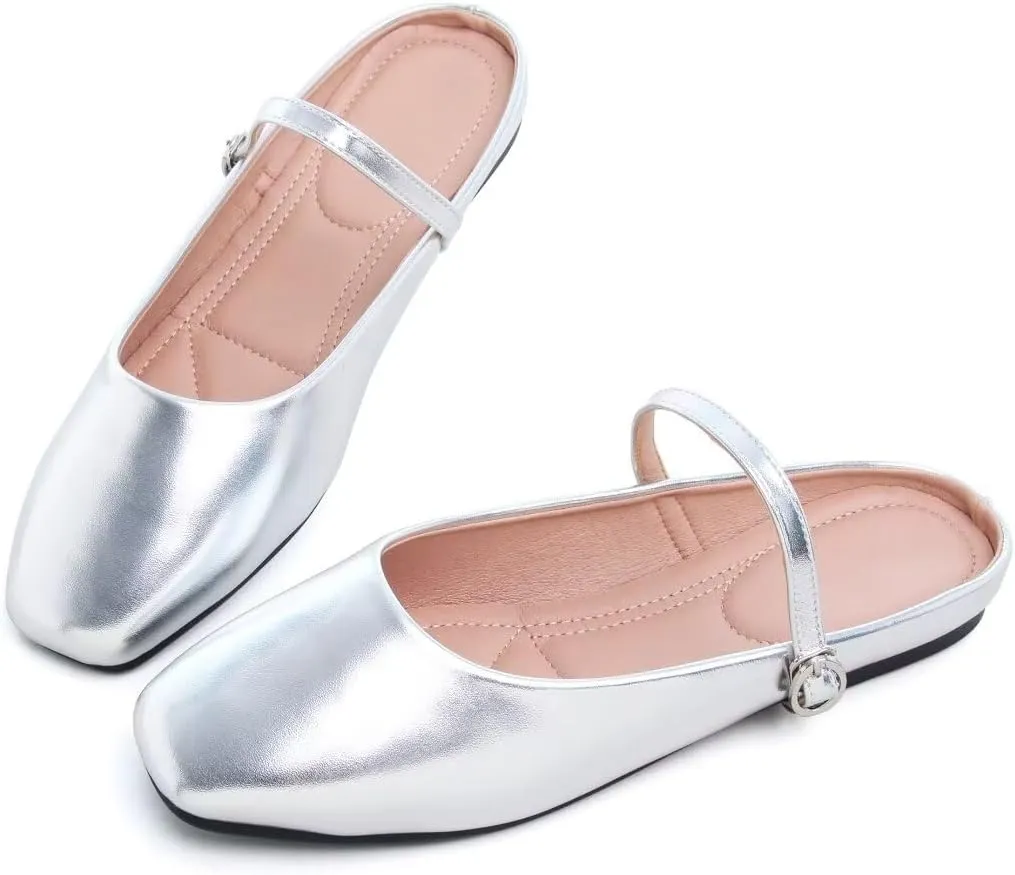 TN TANGNEST Women's Mary Jane Shoes Mules for Women Flats Retro One Line Strap Flats Cute Square Toe Backless Flat Mules