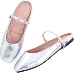TN TANGNEST Women's Mary Jane Shoes Mules for Women Flats Retro One Line Strap Flats Cute Square Toe Backless Flat Mules