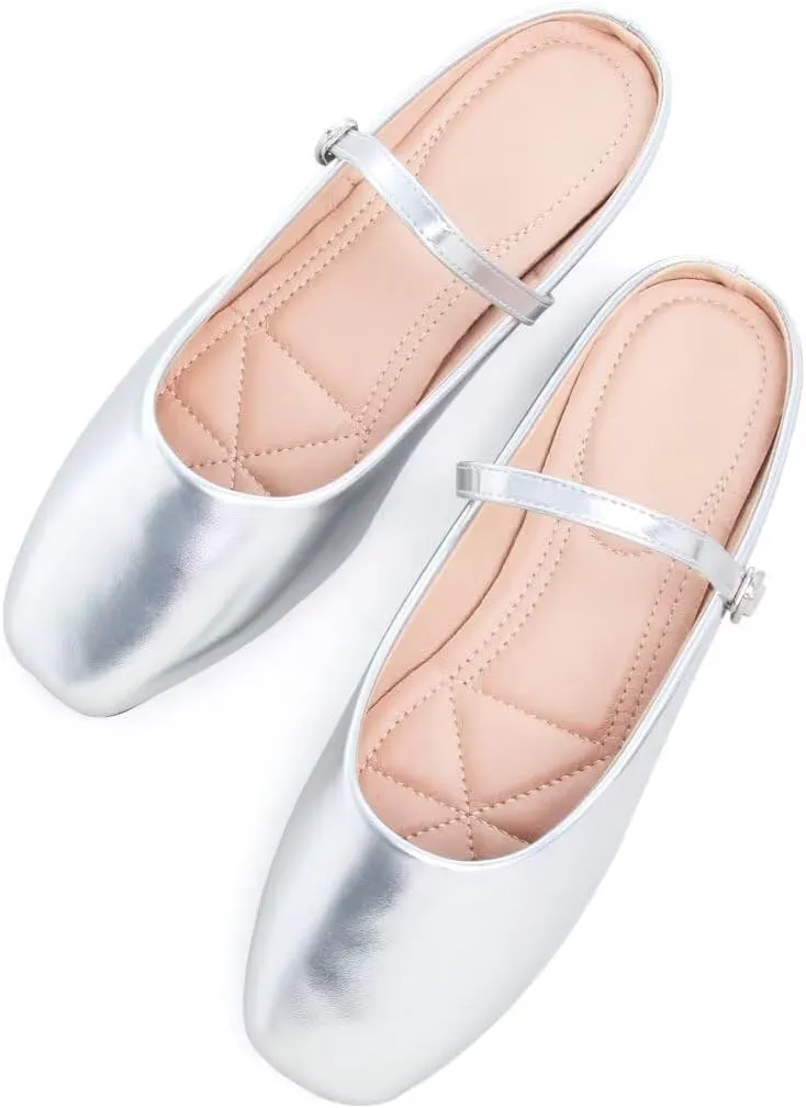 TN TANGNEST Women's Mary Jane Shoes Mules for Women Flats Retro One Line Strap Flats Cute Square Toe Backless Flat Mules
