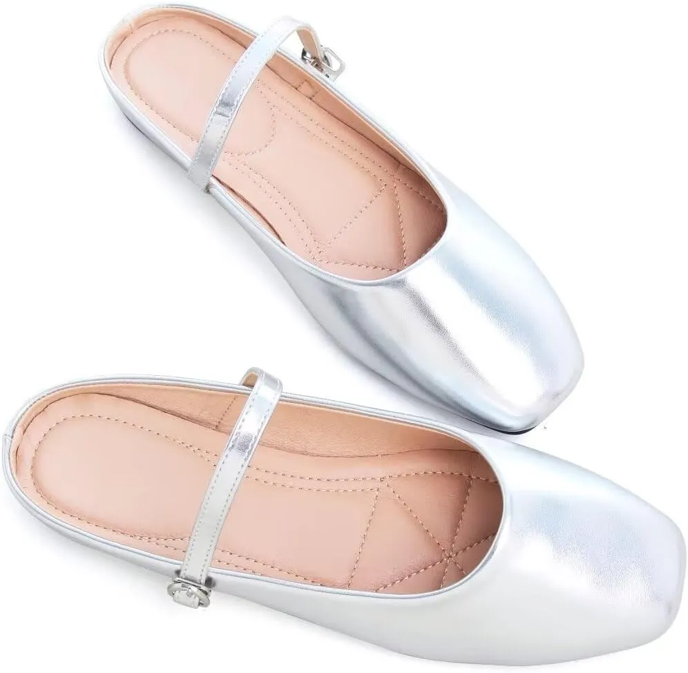 TN TANGNEST Women's Mary Jane Shoes Mules for Women Flats Retro One Line Strap Flats Cute Square Toe Backless Flat Mules