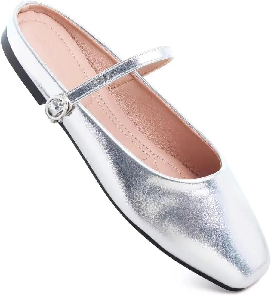 TN TANGNEST Women's Mary Jane Shoes Mules for Women Flats Retro One Line Strap Flats Cute Square Toe Backless Flat Mules