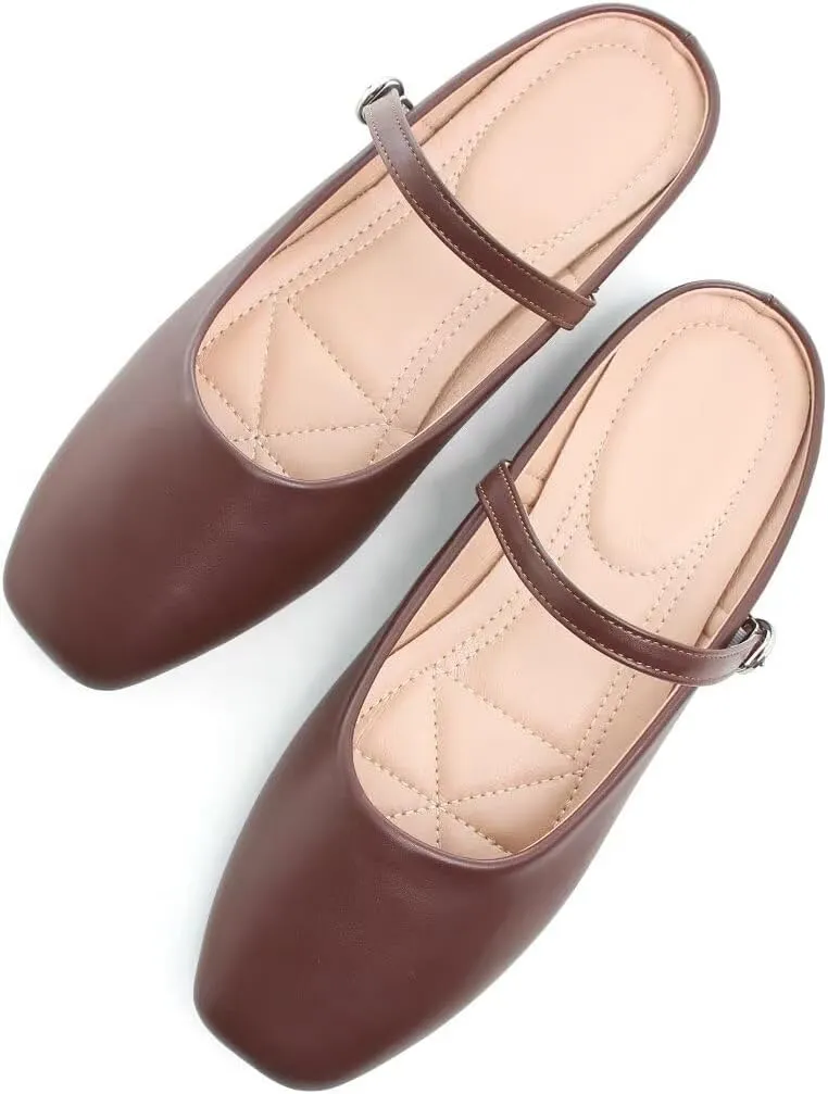 TN TANGNEST Women's Mary Jane Shoes Mules for Women Flats Retro One Line Strap Flats Cute Square Toe Backless Flat Mules