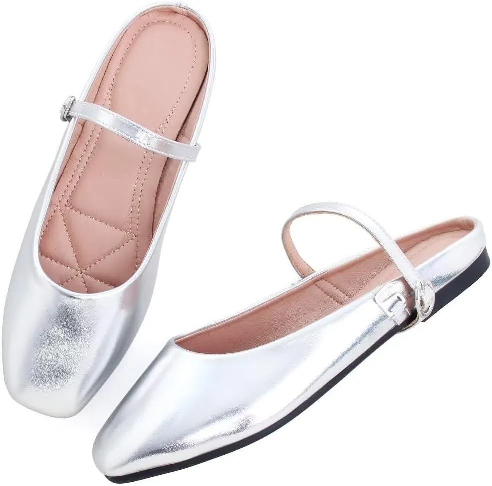 TN TANGNEST Women's Mary Jane Shoes Mules for Women Flats Retro One Line Strap Flats Cute Square Toe Backless Flat Mules