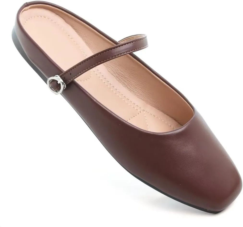 TN TANGNEST Women's Mary Jane Shoes Mules for Women Flats Retro One Line Strap Flats Cute Square Toe Backless Flat Mules