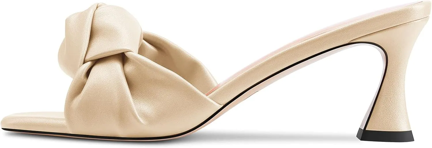 TNYNFBEB Women Chunky Block Mid Heel Square Toe Sandals Mules Shoes Slip-on Bow-knot Party Basic Classic 2.6 Inches Heels