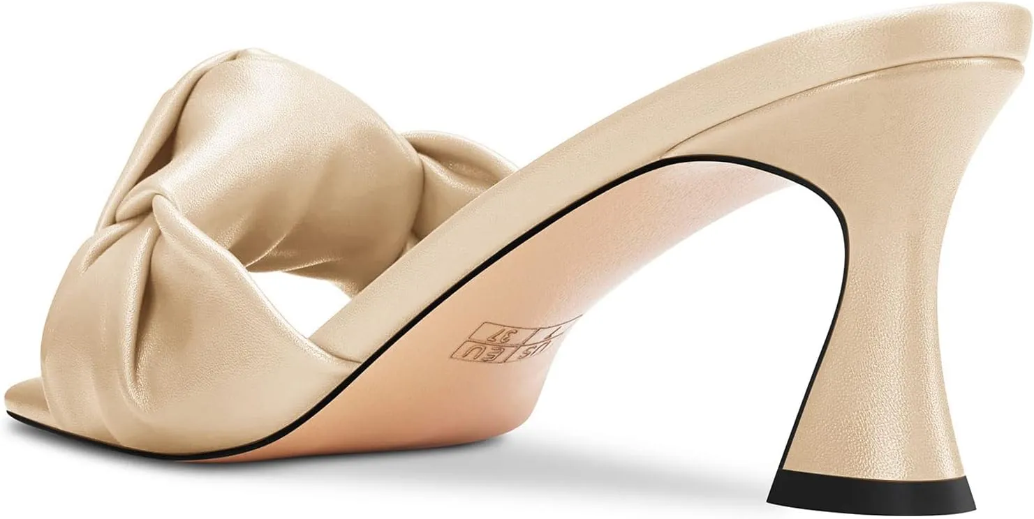TNYNFBEB Women Chunky Block Mid Heel Square Toe Sandals Mules Shoes Slip-on Bow-knot Party Basic Classic 2.6 Inches Heels