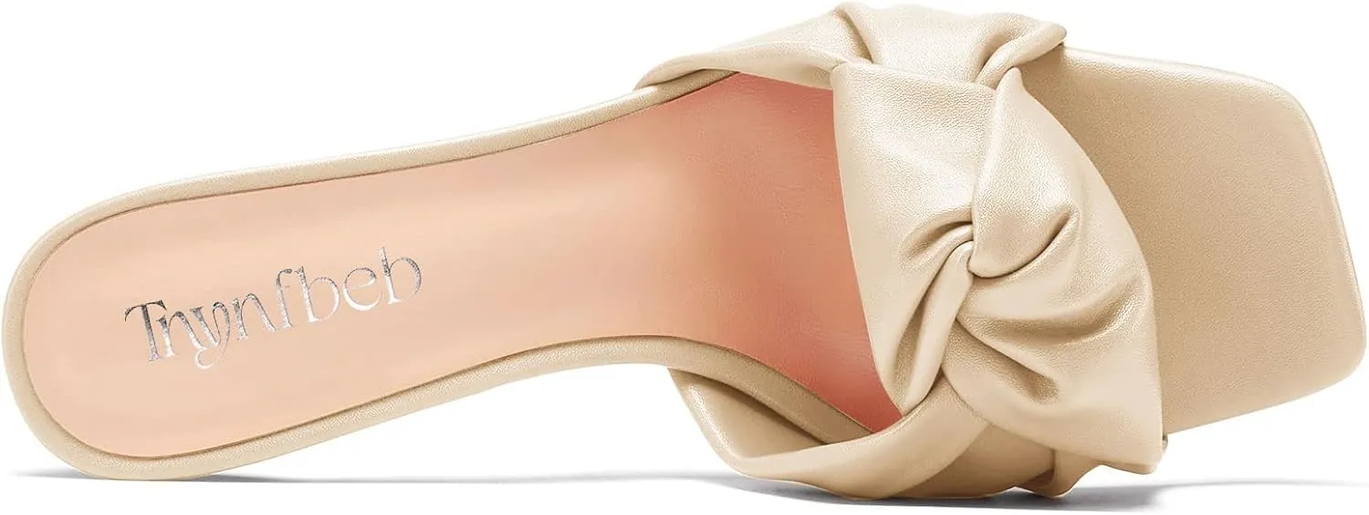 TNYNFBEB Women Chunky Block Mid Heel Square Toe Sandals Mules Shoes Slip-on Bow-knot Party Basic Classic 2.6 Inches Heels