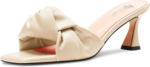TNYNFBEB Women Chunky Block Mid Heel Square Toe Sandals Mules Shoes Slip-on Bow-knot Party Basic Classic 2.6 Inches Heels