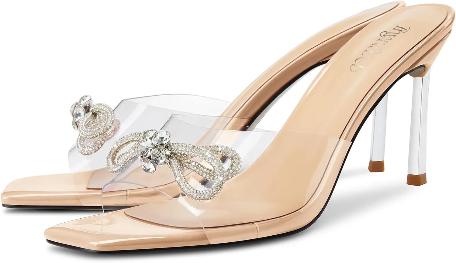 TNYNFBEB Womens Mid Heel Peep Open Toe Mules Shoes Sandals Slip-on Rhinestone Crystal Bow-knot Party Clear 3.3 Inches Heels