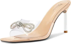 TNYNFBEB Womens Mid Heel Peep Open Toe Mules Shoes Sandals Slip-on Rhinestone Crystal Bow-knot Party Clear 3.3 Inches Heels