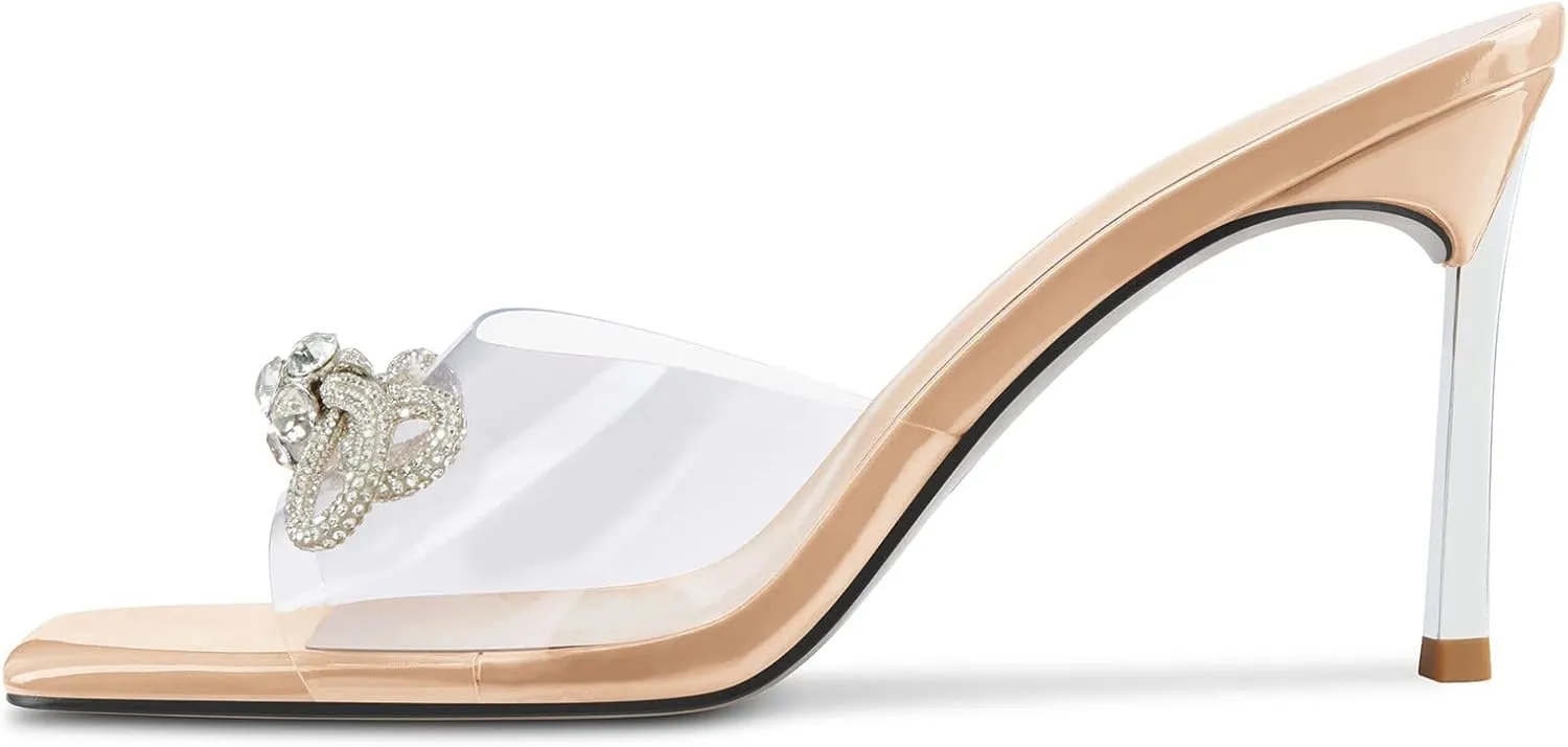 TNYNFBEB Womens Mid Heel Peep Open Toe Mules Shoes Sandals Slip-on Rhinestone Crystal Bow-knot Party Clear 3.3 Inches Heels