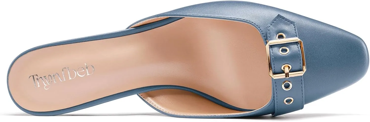 TNYNFBEB Womens Mid Heel Square Toe Pumps Mules Shoes Slingback Slip-on Buckle Prom Basic Classic 2.6 Inches Heels