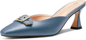 TNYNFBEB Womens Mid Heel Square Toe Pumps Mules Shoes Slingback Slip-on Buckle Prom Basic Classic 2.6 Inches Heels