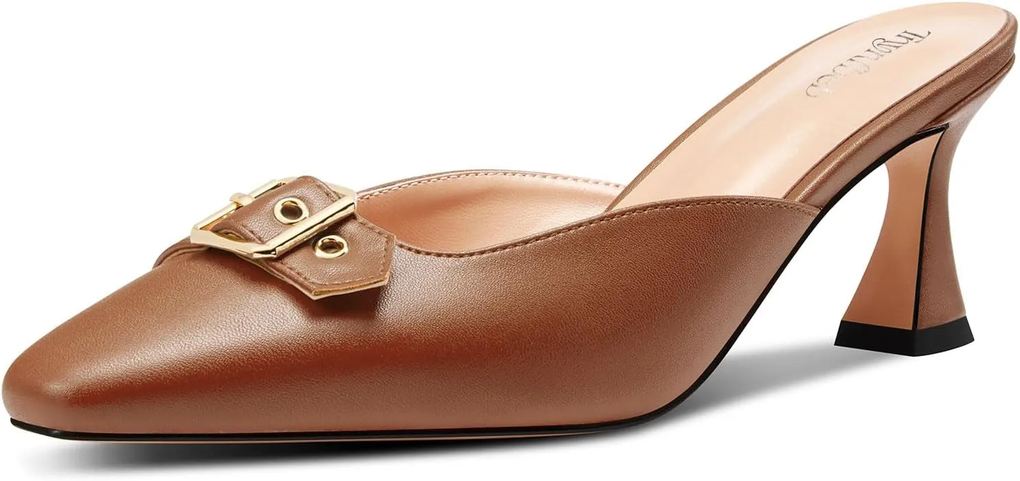 TNYNFBEB Womens Mid Heel Square Toe Pumps Mules Shoes Slingback Slip-on Buckle Prom Basic Classic 2.6 Inches Heels