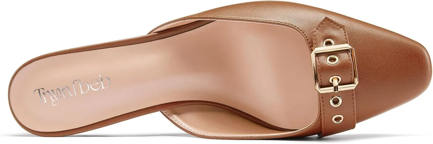 TNYNFBEB Womens Mid Heel Square Toe Pumps Mules Shoes Slingback Slip-on Buckle Prom Basic Classic 2.6 Inches Heels