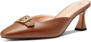 TNYNFBEB Womens Mid Heel Square Toe Pumps Mules Shoes Slingback Slip-on Buckle Prom Basic Classic 2.6 Inches Heels