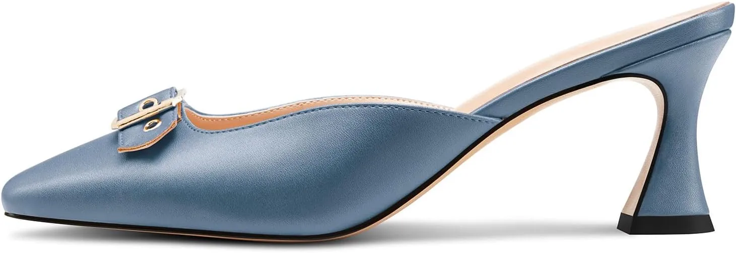 TNYNFBEB Womens Mid Heel Square Toe Pumps Mules Shoes Slingback Slip-on Buckle Prom Basic Classic 2.6 Inches Heels
