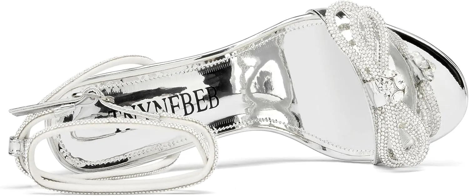 TNYNFBEB Womens Stiletto High Heel Open Toe Sandals Ankle Strap Buckle Rhinestone Crystal Bow-knot Prom Dress Summer 3.9 Inches Heels