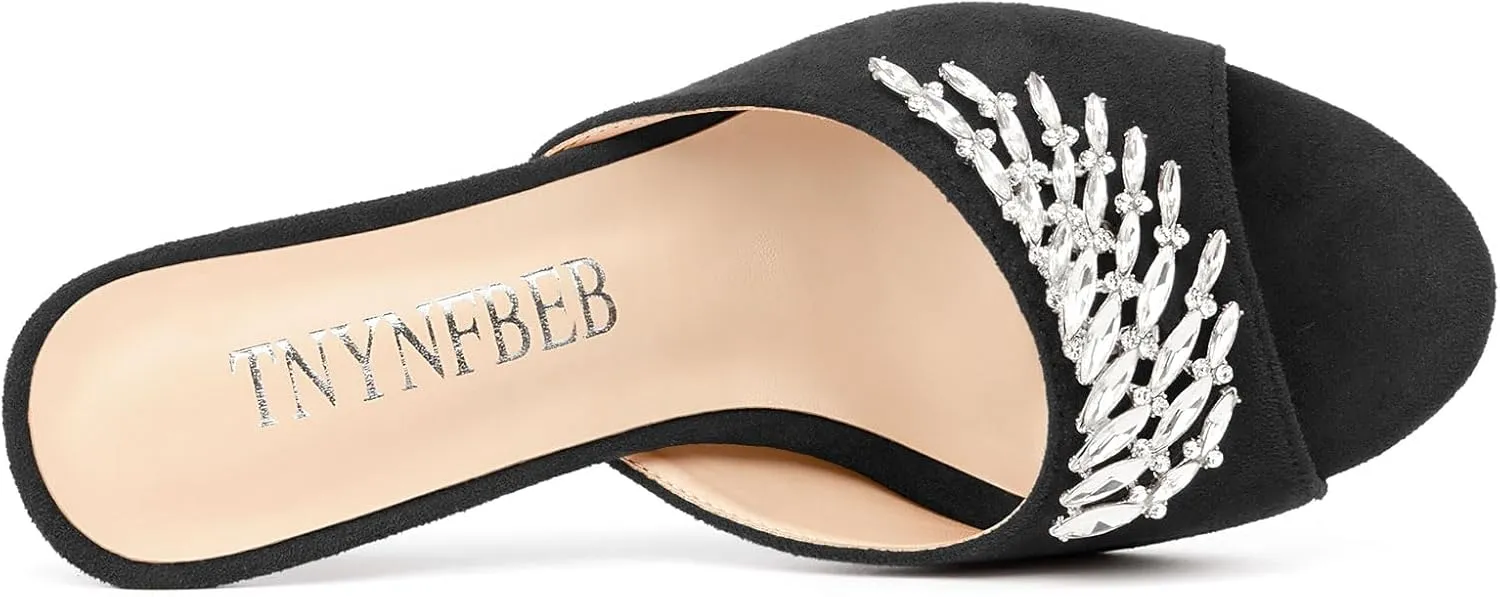 TNYNFBEB Womens Stiletto High Heel Peep Open Toe Sandals Mules Shoes Slingback Slip-on Rhinestone Crystal Prom Dress Summer 3.9 Inches Heels