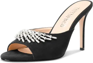 TNYNFBEB Womens Stiletto High Heel Peep Open Toe Sandals Mules Shoes Slingback Slip-on Rhinestone Crystal Prom Dress Summer 3.9 Inches Heels