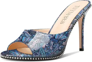 TNYNFBEB Womens Stiletto High Heel Peep Open Toe Sandals Mules Shoes Slingback Slip-on Silver Beaded Prom Party Dress Patent Leather 3.9 Inches Heels