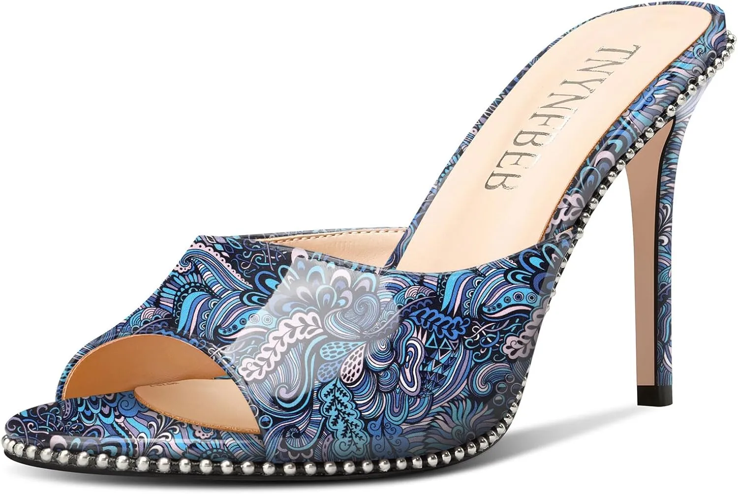 TNYNFBEB Womens Stiletto High Heel Peep Open Toe Sandals Mules Shoes Slingback Slip-on Silver Beaded Prom Party Dress Patent Leather 3.9 Inches Heels