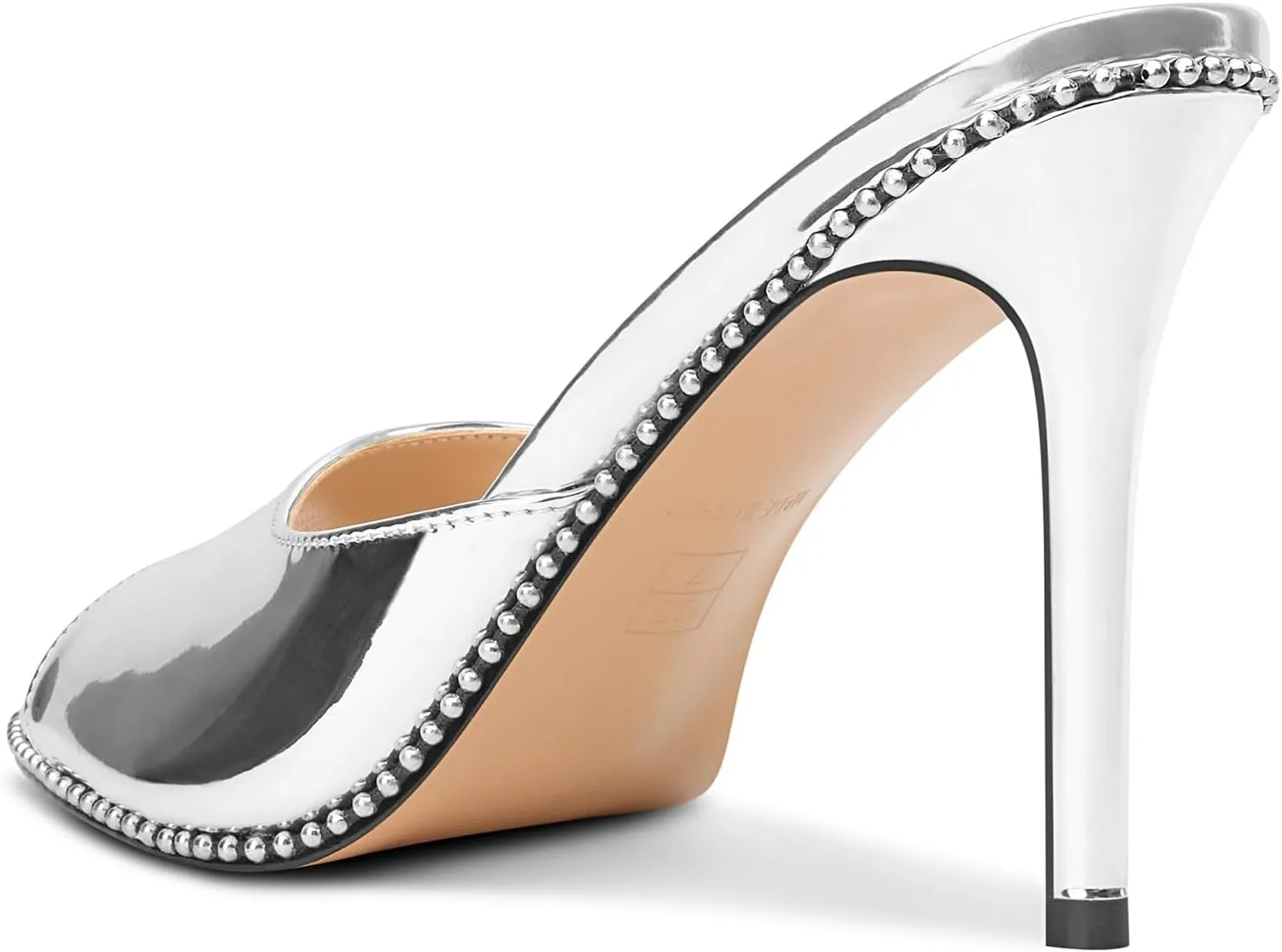 TNYNFBEB Womens Stiletto High Heel Peep Open Toe Sandals Mules Shoes Slingback Slip-on Silver Beaded Prom Party Dress Patent Leather 3.9 Inches Heels