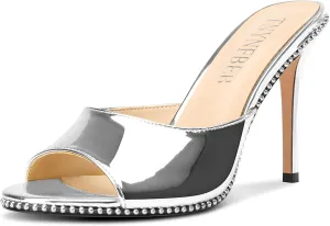 TNYNFBEB Womens Stiletto High Heel Peep Open Toe Sandals Mules Shoes Slingback Slip-on Silver Beaded Prom Party Dress Patent Leather 3.9 Inches Heels