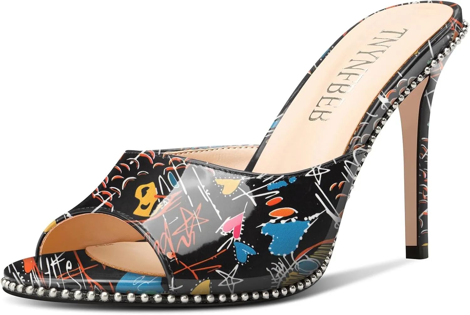 TNYNFBEB Womens Stiletto High Heel Peep Open Toe Sandals Mules Shoes Slingback Slip-on Silver Beaded Prom Party Dress Patent Leather 3.9 Inches Heels