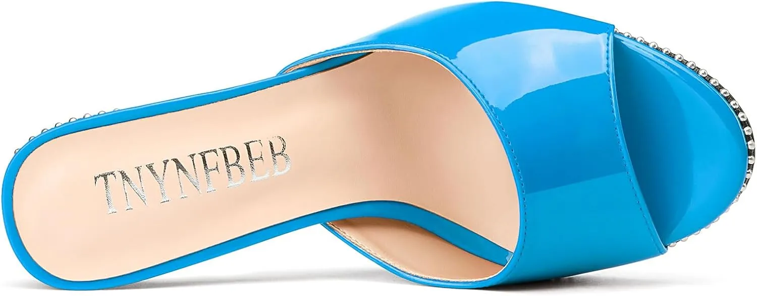 TNYNFBEB Womens Stiletto High Heel Peep Open Toe Sandals Mules Shoes Slingback Slip-on Silver Beaded Prom Party Dress Patent Leather 3.9 Inches Heels