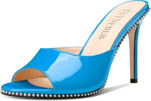 TNYNFBEB Womens Stiletto High Heel Peep Open Toe Sandals Mules Shoes Slingback Slip-on Silver Beaded Prom Party Dress Patent Leather 3.9 Inches Heels