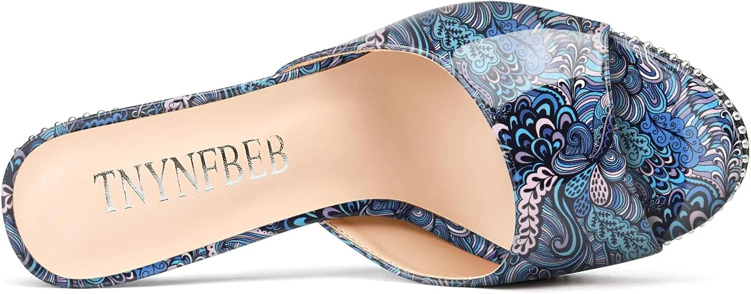 TNYNFBEB Womens Stiletto High Heel Peep Open Toe Sandals Mules Shoes Slingback Slip-on Silver Beaded Prom Party Dress Patent Leather 3.9 Inches Heels