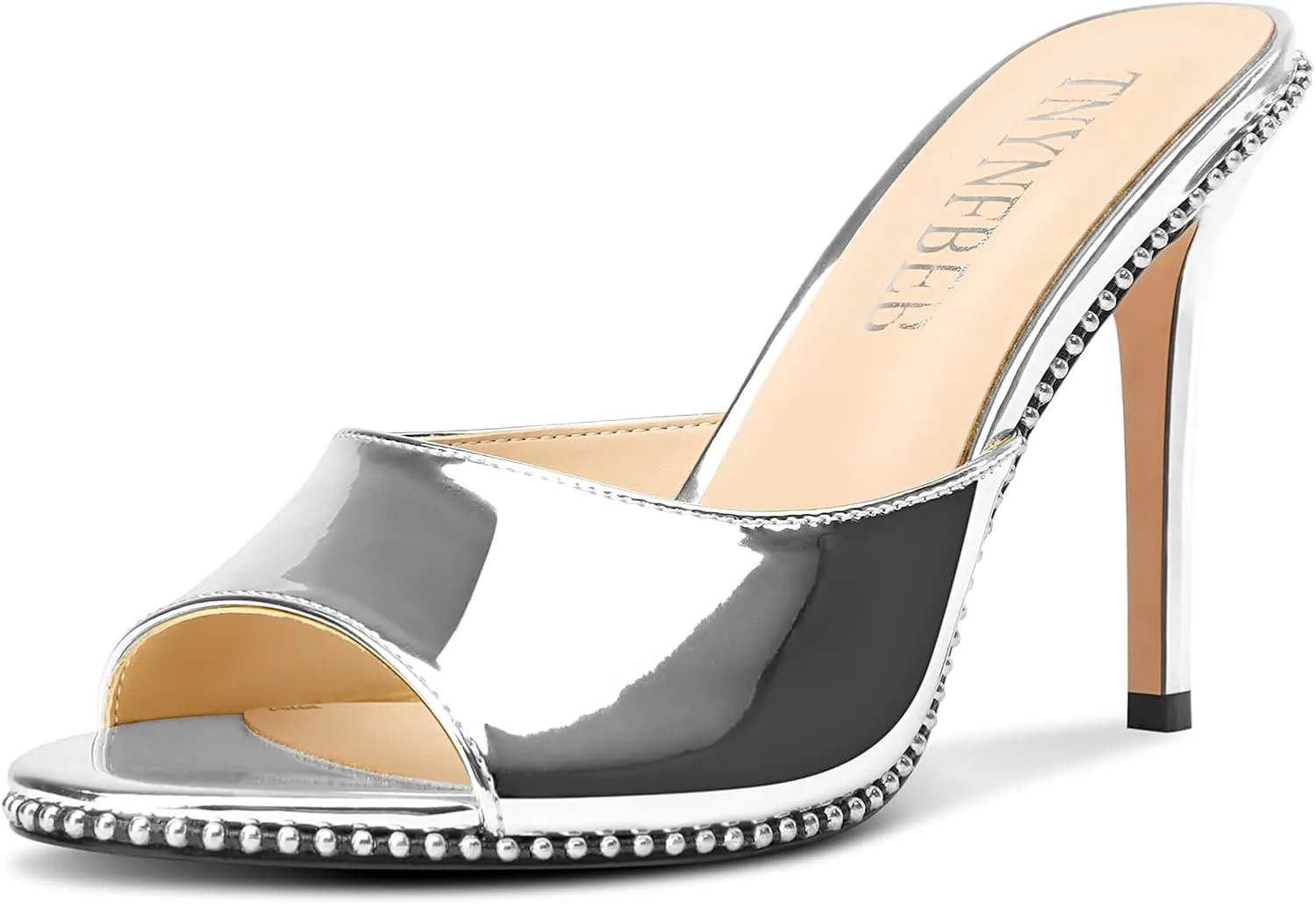 TNYNFBEB Womens Stiletto High Heel Peep Open Toe Sandals Mules Shoes Slingback Slip-on Silver Beaded Prom Party Dress Patent Leather 3.9 Inches Heels