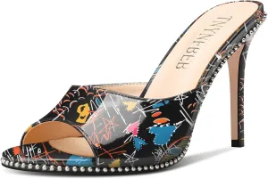 TNYNFBEB Womens Stiletto High Heel Peep Open Toe Sandals Mules Shoes Slingback Slip-on Silver Beaded Prom Party Dress Patent Leather 3.9 Inches Heels