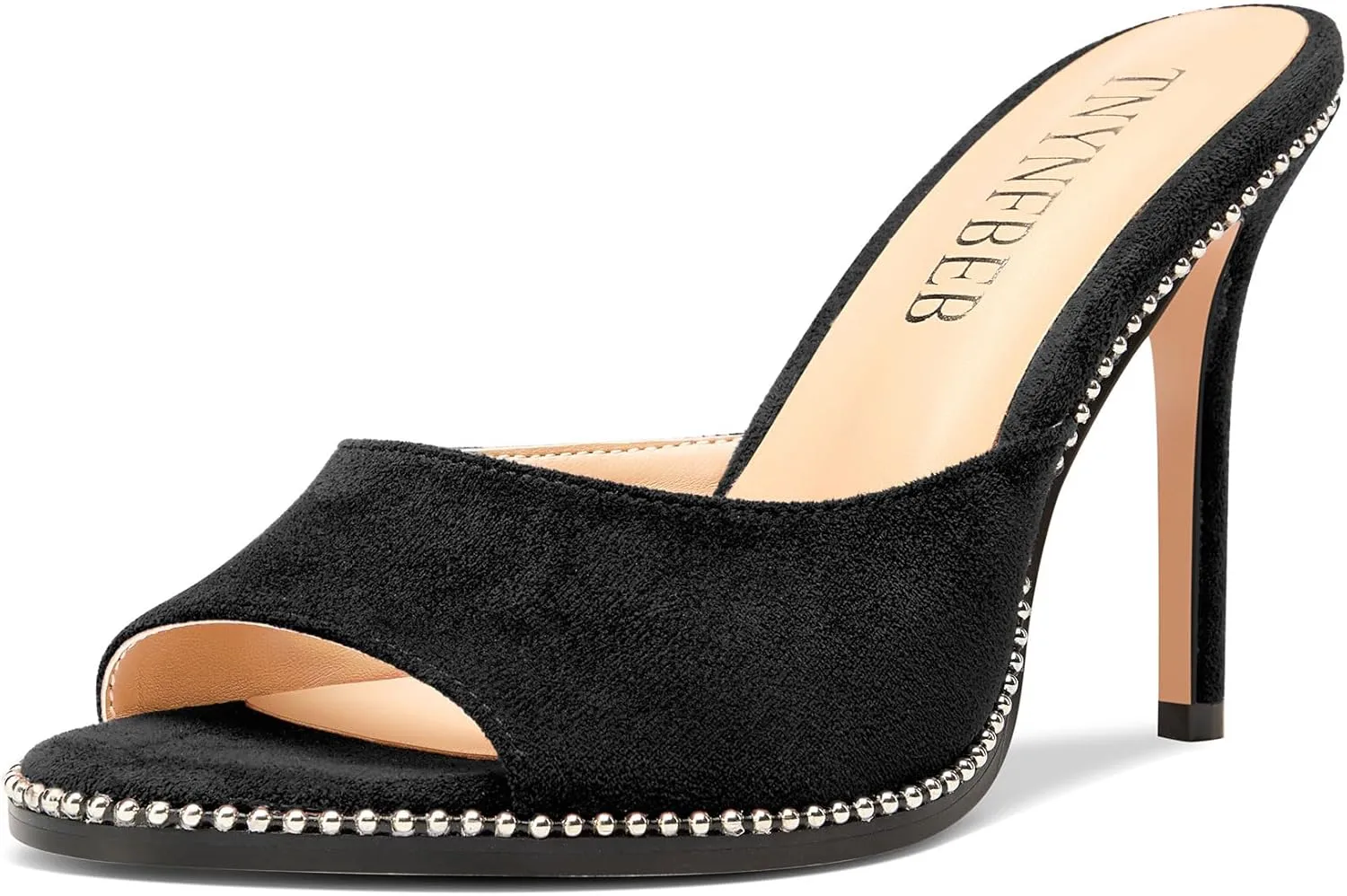 TNYNFBEB Womens Stiletto High Heel Peep Open Toe Sandals Mules Shoes Slingback Slip-on Sliver Beaded Prom Dress 3.9 Inches Heels