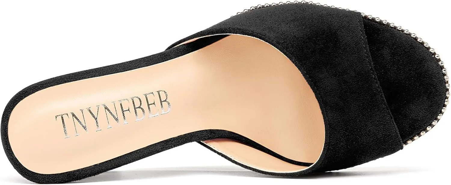 TNYNFBEB Womens Stiletto High Heel Peep Open Toe Sandals Mules Shoes Slingback Slip-on Sliver Beaded Prom Dress 3.9 Inches Heels