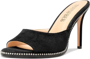 TNYNFBEB Womens Stiletto High Heel Peep Open Toe Sandals Mules Shoes Slingback Slip-on Sliver Beaded Prom Dress 3.9 Inches Heels
