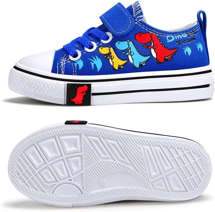 Toddler Boys Girls Slip On Canvas Sneakers Cartoon Dinasour Printed Little Kid Unisex Adjustable Strap Walking Shoes Lazy Shoes with Hook and Loops