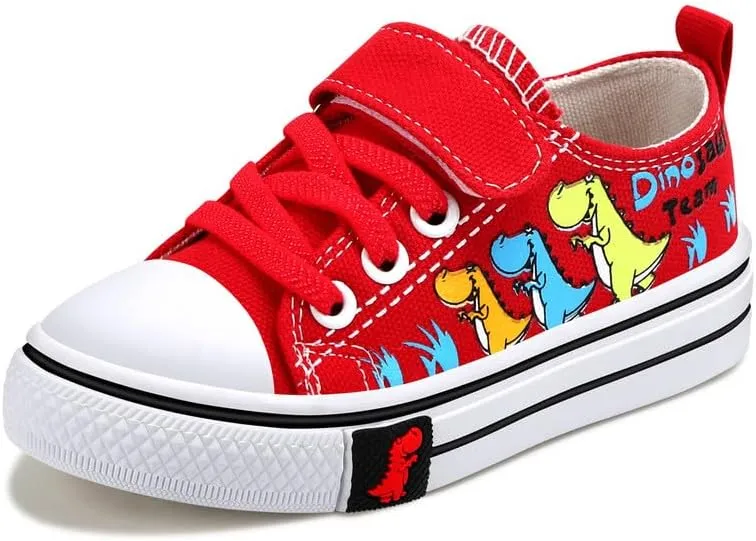 Toddler Boys Girls Slip On Canvas Sneakers Cartoon Dinasour Printed Little Kid Unisex Adjustable Strap Walking Shoes Lazy Shoes with Hook and Loops