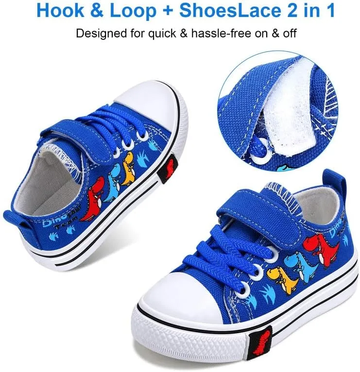 Toddler Boys Girls Slip On Canvas Sneakers Cartoon Dinasour Printed Little Kid Unisex Adjustable Strap Walking Shoes Lazy Shoes with Hook and Loops