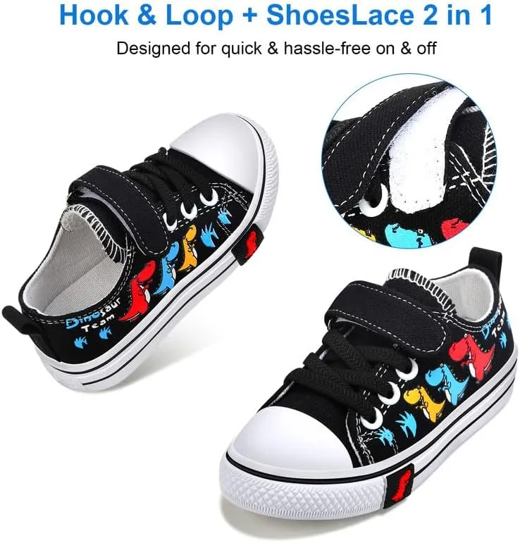 Toddler Boys Girls Slip On Canvas Sneakers Cartoon Dinasour Printed Little Kid Unisex Adjustable Strap Walking Shoes Lazy Shoes with Hook and Loops