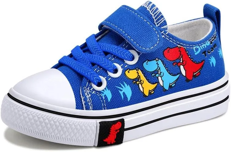 Toddler Boys Girls Slip On Canvas Sneakers Cartoon Dinasour Printed Little Kid Unisex Adjustable Strap Walking Shoes Lazy Shoes with Hook and Loops