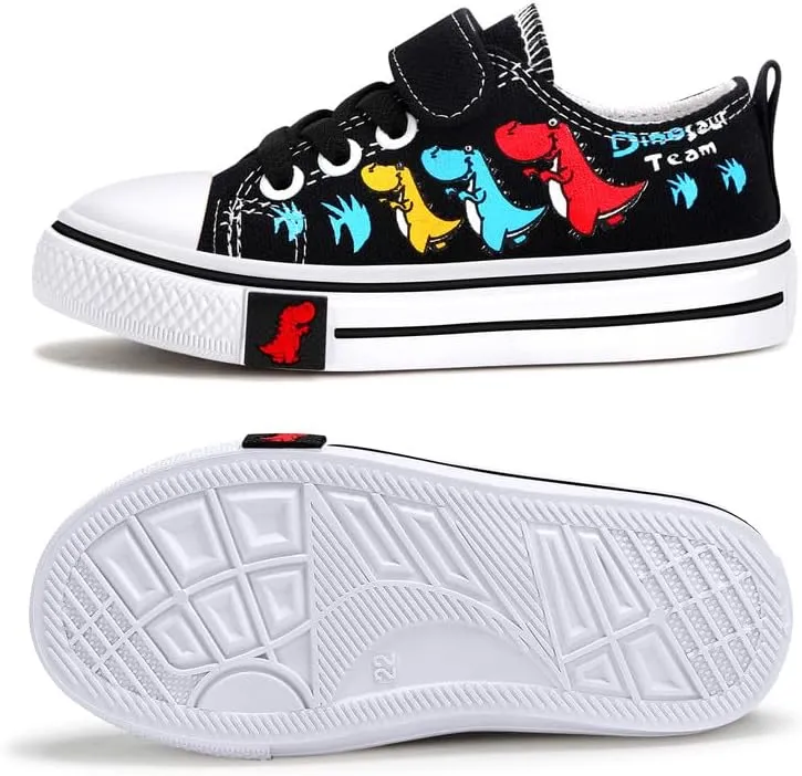Toddler Boys Girls Slip On Canvas Sneakers Cartoon Dinasour Printed Little Kid Unisex Adjustable Strap Walking Shoes Lazy Shoes with Hook and Loops