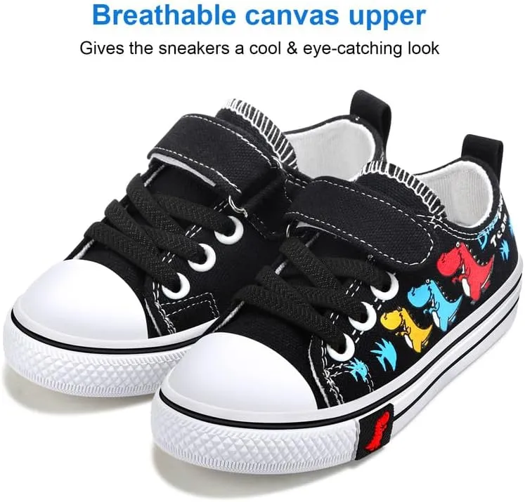Toddler Boys Girls Slip On Canvas Sneakers Cartoon Dinasour Printed Little Kid Unisex Adjustable Strap Walking Shoes Lazy Shoes with Hook and Loops