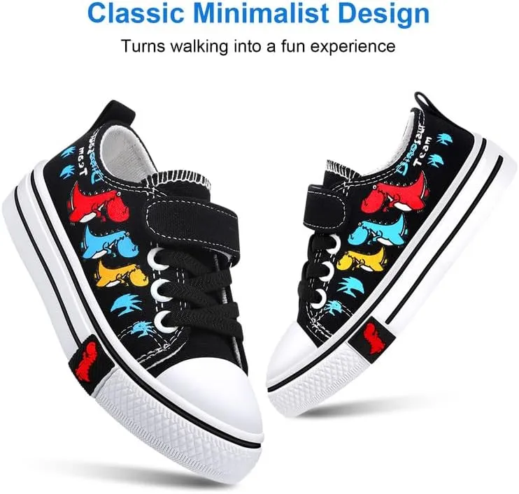 Toddler Boys Girls Slip On Canvas Sneakers Cartoon Dinasour Printed Little Kid Unisex Adjustable Strap Walking Shoes Lazy Shoes with Hook and Loops