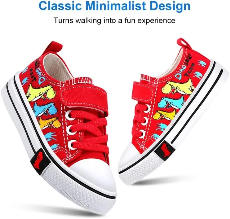 Toddler Boys Girls Slip On Canvas Sneakers Cartoon Dinasour Printed Little Kid Unisex Adjustable Strap Walking Shoes Lazy Shoes with Hook and Loops