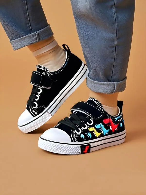 Toddler Boys Girls Slip On Canvas Sneakers Cartoon Dinasour Printed Little Kid Unisex Adjustable Strap Walking Shoes Lazy Shoes with Hook and Loops