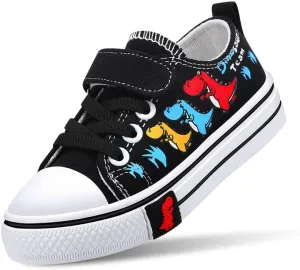 Toddler Boys Girls Slip On Canvas Sneakers Cartoon Dinasour Printed Little Kid Unisex Adjustable Strap Walking Shoes Lazy Shoes with Hook and Loops