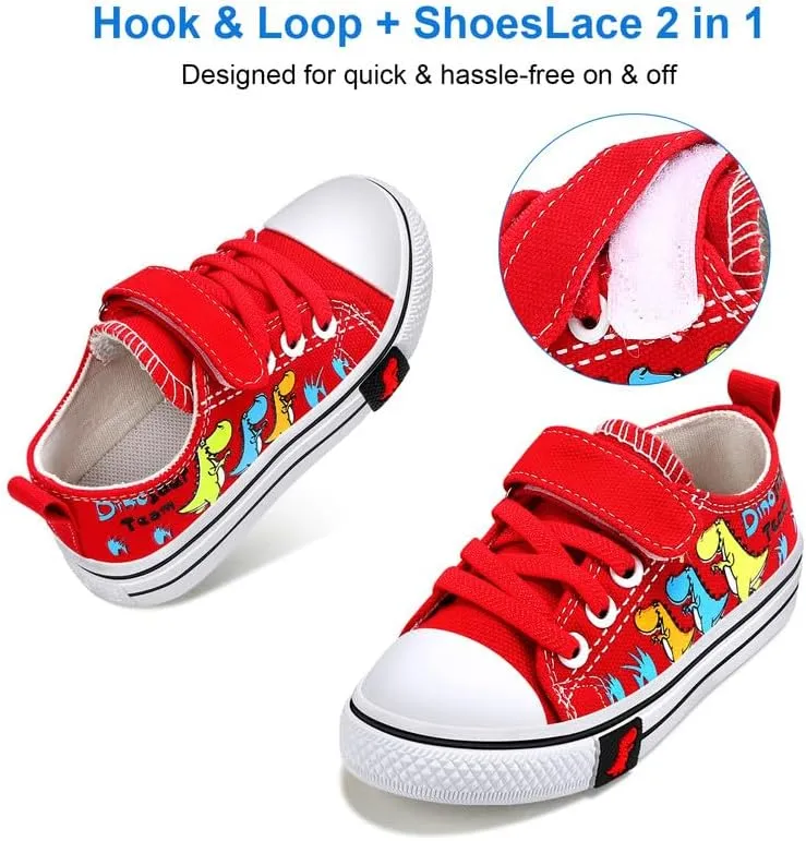 Toddler Boys Girls Slip On Canvas Sneakers Cartoon Dinasour Printed Little Kid Unisex Adjustable Strap Walking Shoes Lazy Shoes with Hook and Loops